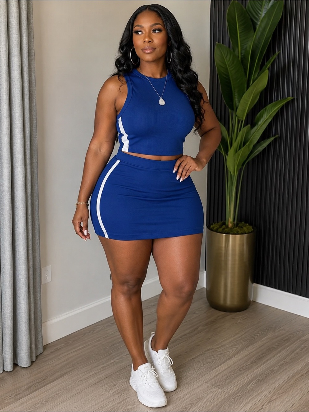 Blue Athletic Two-Piece Skirt Set - Women's Ribbed Crop Top & Mini Skirt